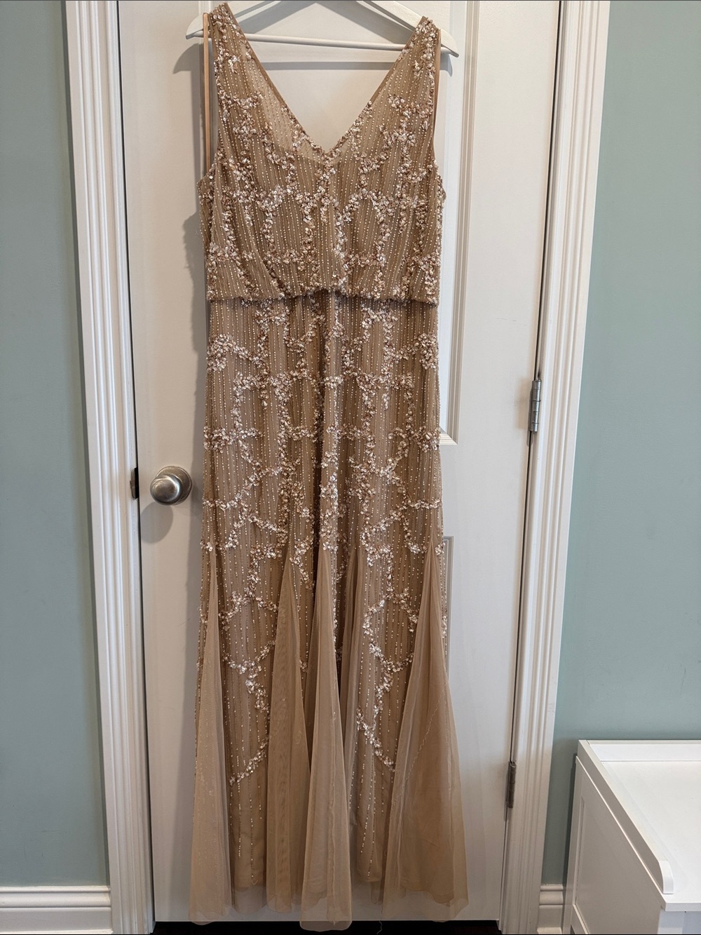 Adrianna Papell Champagne-Beige Beaded Evening Dress
